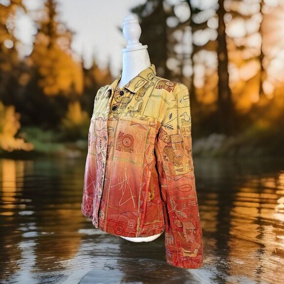 Chico's Fall Tribal Boho Patchwork Embroidered Denim Jean Jacket Art-to-Wear 1M - Picture 2 of 10